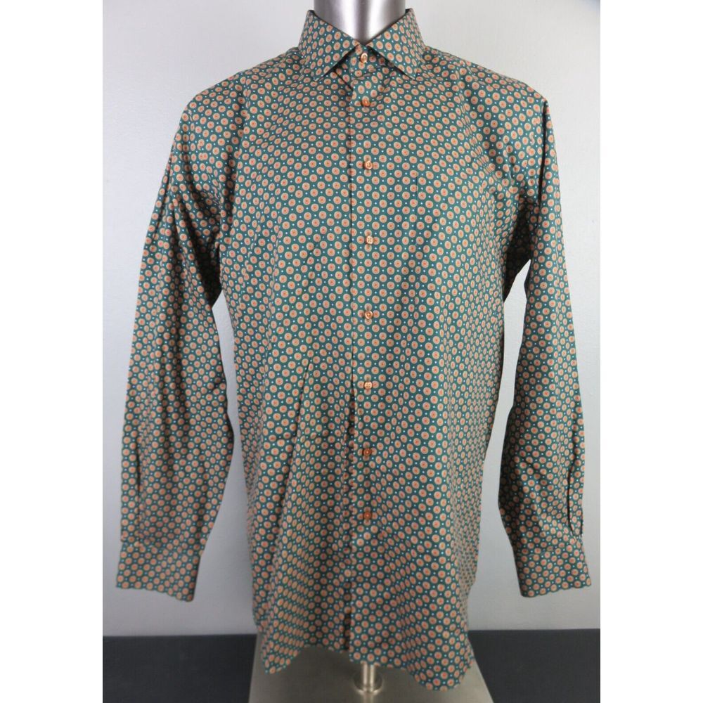 Mens Paul Fredrick Long Sleeve Button Front Shirt Brown Geometric Size 17 x 37